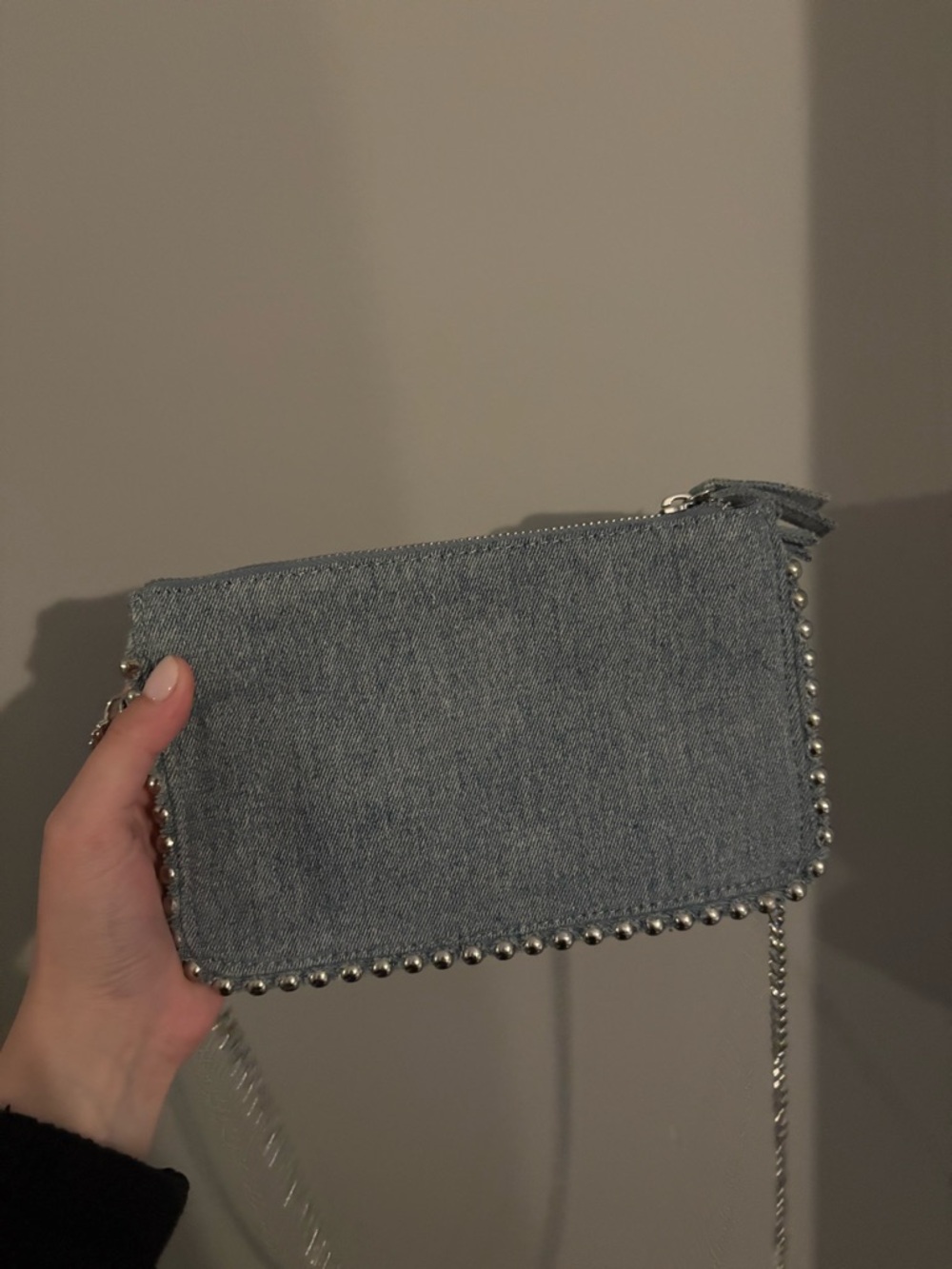 Zara Blue Denim Crossbody with Silver Chain and Studs